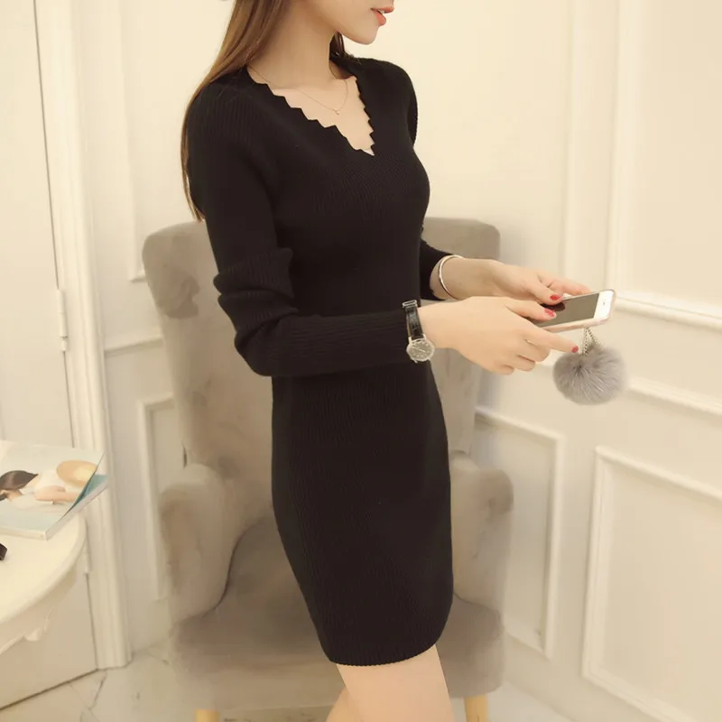 Женский пуловер с длинным рукавом Облегающее вязаное платье-свитер в Корейском