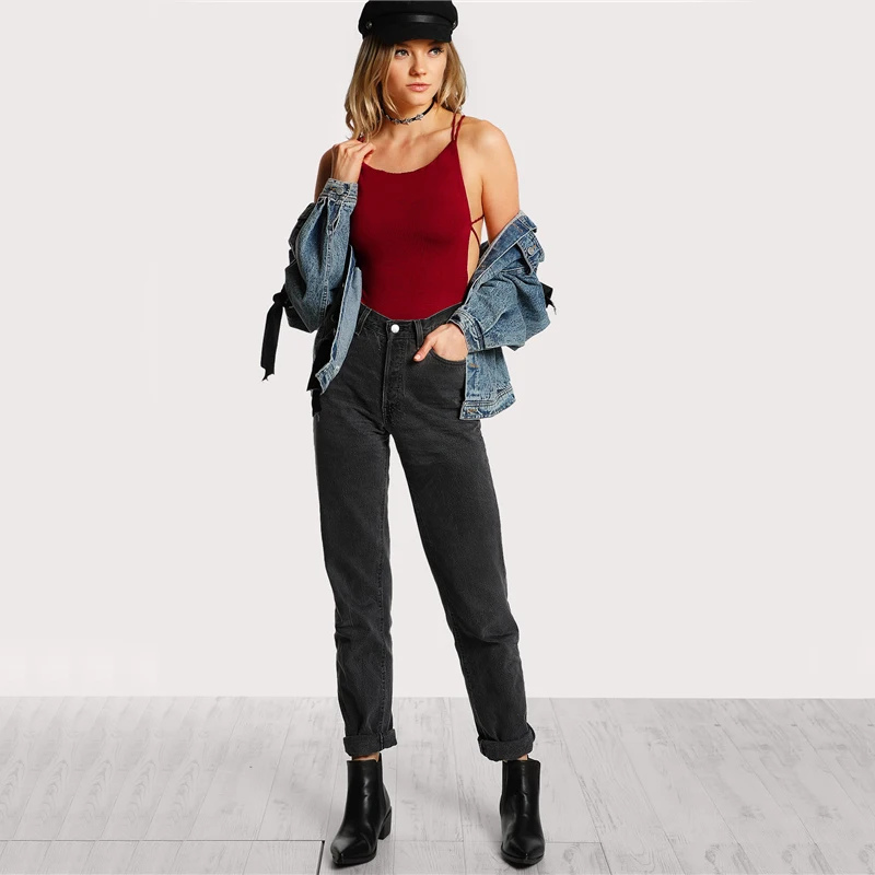 COLROVIE Strappy с открытой спиной сексуальный клубный костюм для женщин Тощий Крест сзади летний Боди бордовый без рукавов основной боди