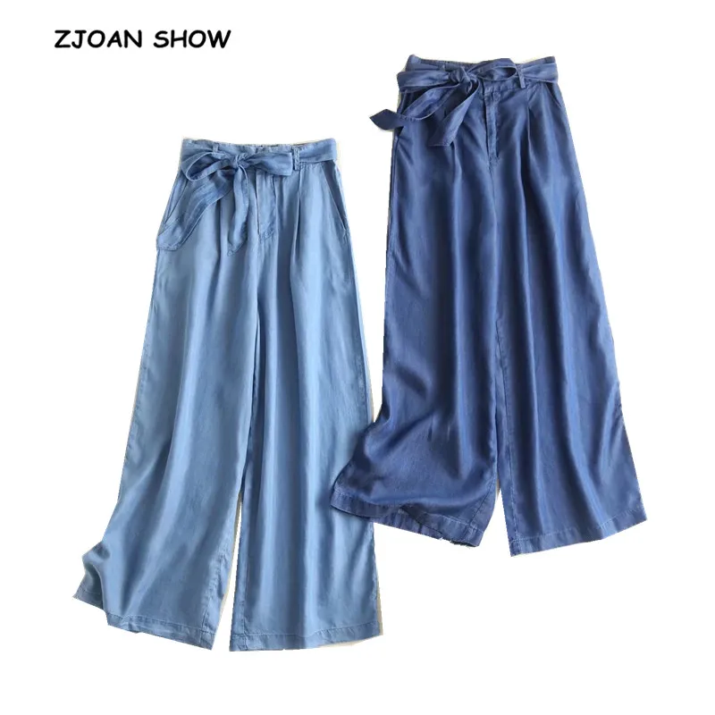 

Casual Hight waist Bow tied Sashes Denim Wide Leg Pants Ankle-Length Blue Women Vintage Jeans Femme Loose Jean Trousers