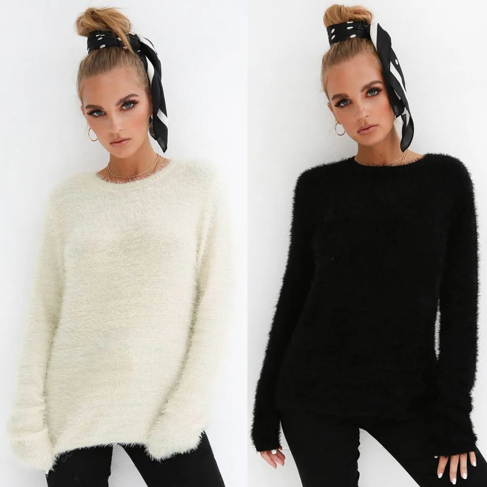 Loneyshow Fashion Autumn Winter New Women Sweater Casual Round Neck Long Sleeve Fluffy Fuzzy Soft Sweaters Pullovers Plush Tops | Женская