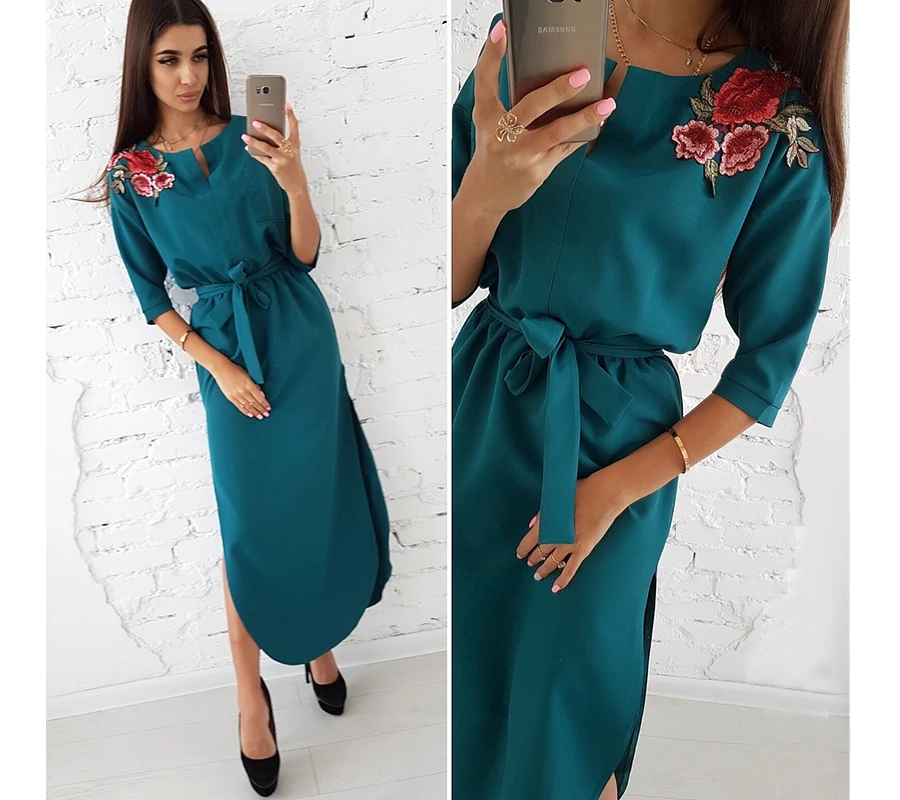 Для женщин Винтаж элегантные с коротким рукавом и аппликацией платье