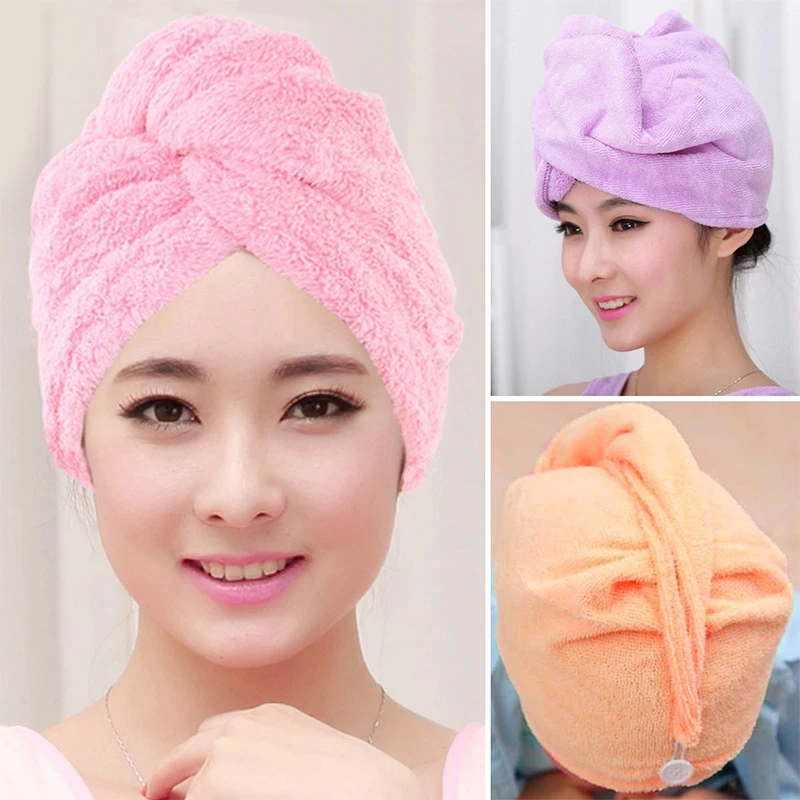 Новинка, Коралловое бархатное полотенце для сухих волос, микрофибра, быстрое высыхание, тюрбан, супер абсорбент, женская шапка для волос, обертка с кнопкой, утолщенная