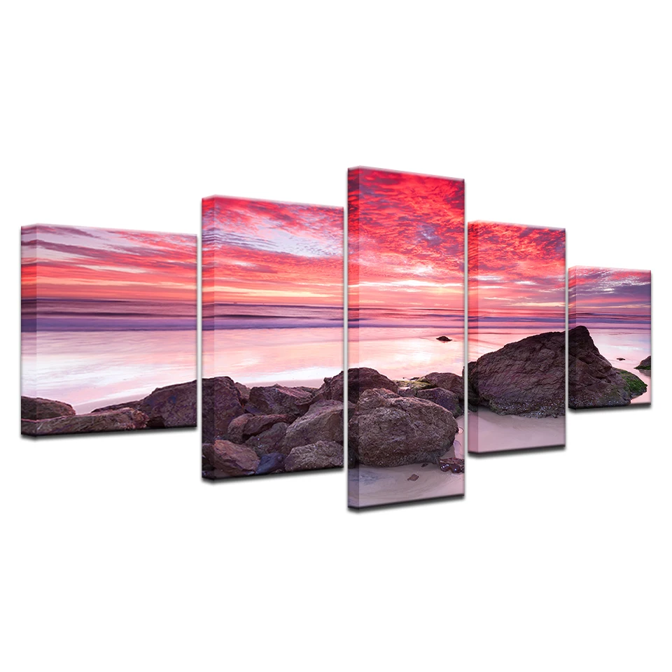 5pcs HD Printing Canvas Painting Beach Sunset Seaside Art Group Home Decor Wall Poster Modular Photos | Дом и сад