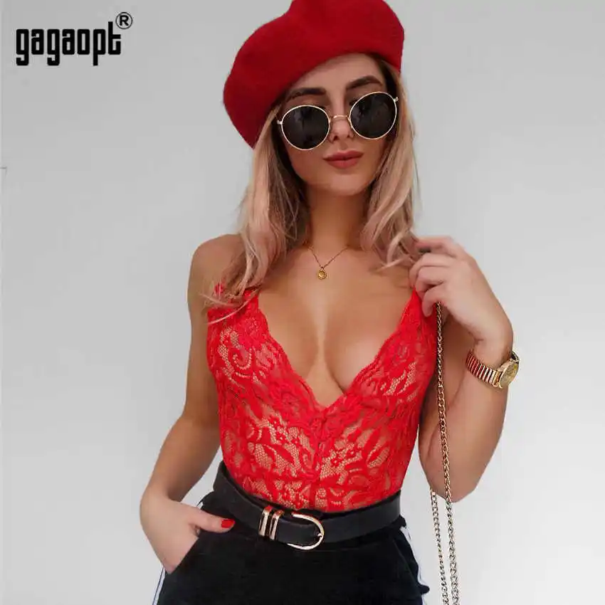Red Gagaopt, 4 цвета, Кружевное боди для женщин, глубокий v-образный вырез, сексуальный боди, белый/черный, сетчатый боди, клубный комбинезон, комбинезоны, одежда для сна - Цвет: Red