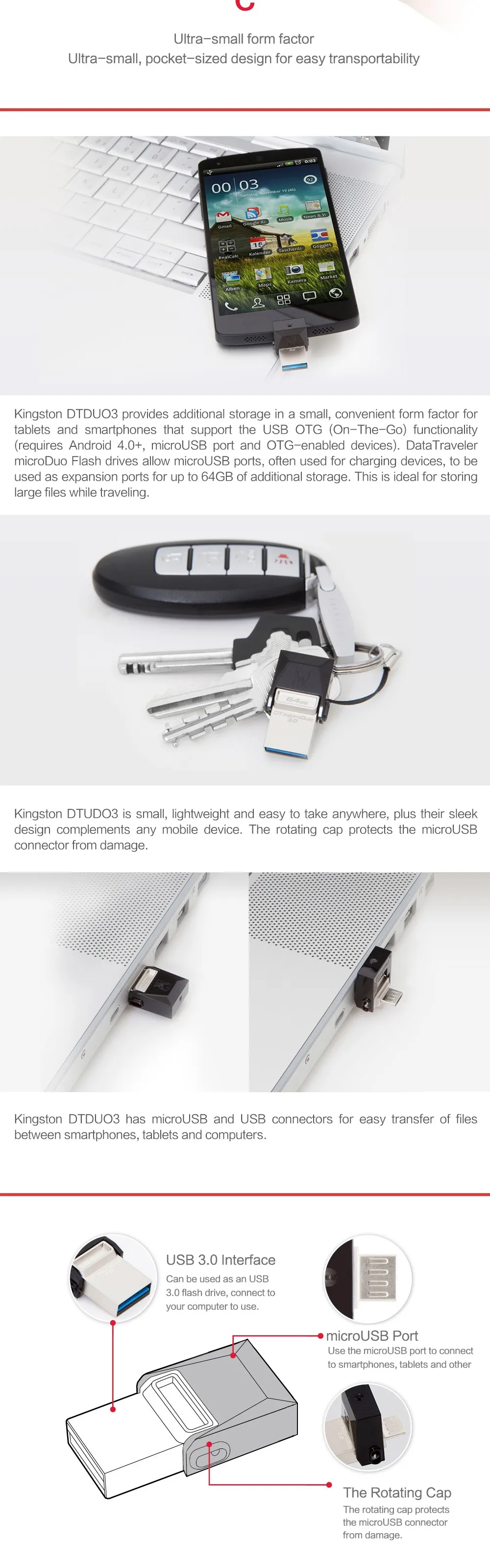 Kingston Мобильный USB диск USB 3,0 DataTraveler microDuo 3,0 флэш-диск 16 Гб/32 ГБ/64 ГБ