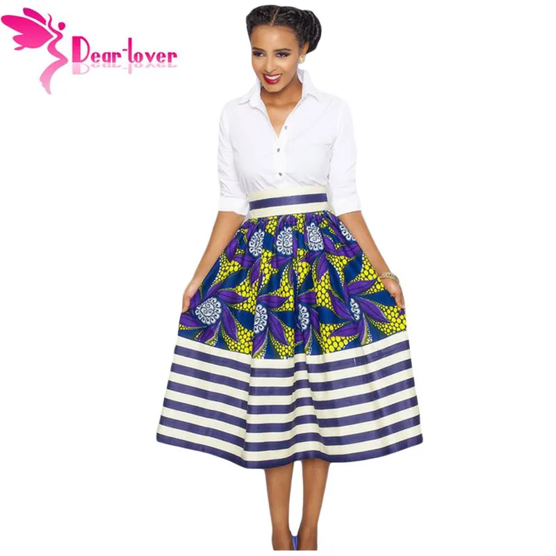 Dear Lover Vintage Юбки faldas 2017 Африканских Высокая Талия Цветочные Полоса вдоль Midi Юбка