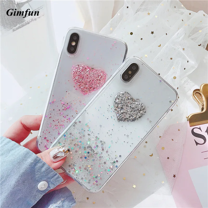 Gimfun Korea Love Heart Shiny Phone Case Transparent Glitter Tpu for Iphone 6 6s 7 8 Plus X Sparkling Back Cover Cases | Мобильные