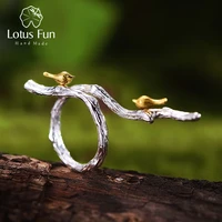 lotus fun real 925 sterling silver original handmade fine jewelry adjustable ring 18k gold bird on branch rings for women bijoux