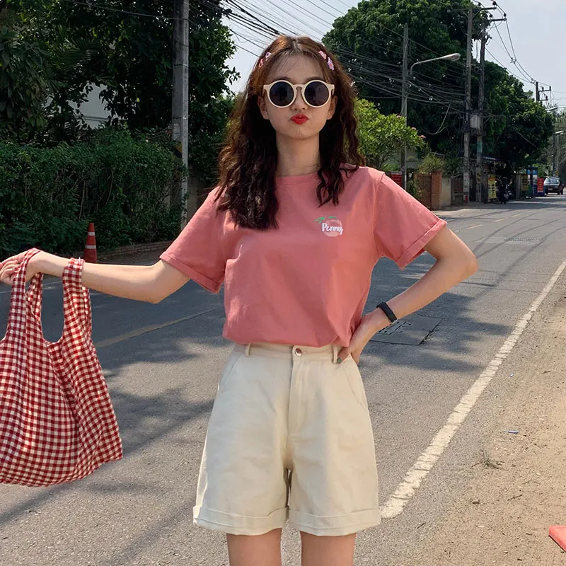 Ulzzang kawaii Топы 2019 лето в Корейском стиле женская футболка мода сладкий печати