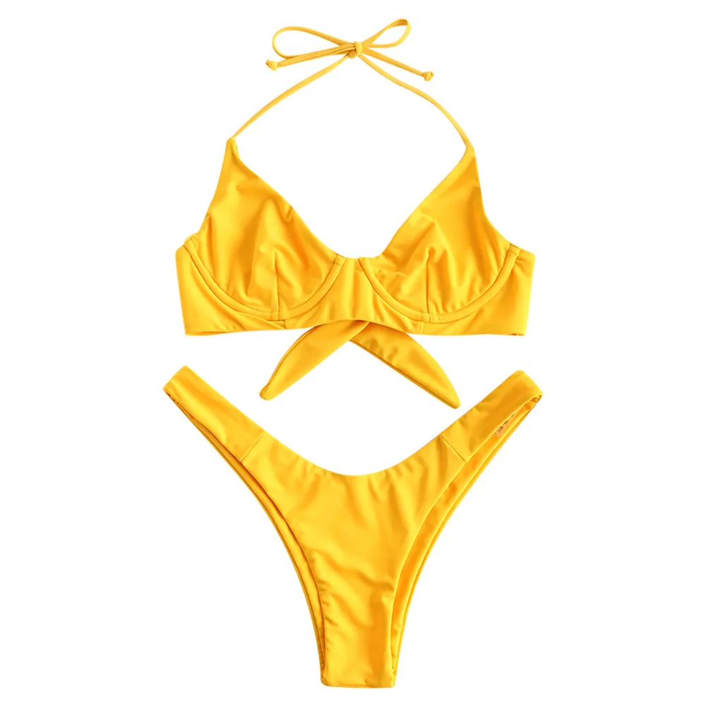 Bright Yellow ZAFUL спортивные однотонные стринги бикини комплект Холтер пуш-ап бикини с завязками по бокам красные купальники женские летние белые пляжные купальники - Цвет: Bright Yellow