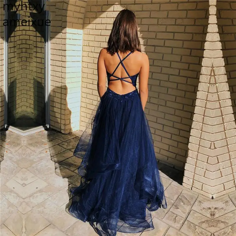 Elegant Sexy Sapphire Blue Beading A-line Robe De Soiree Vestido Festa Prom Dresses Evening Dress 2020 Pageant Formal Party