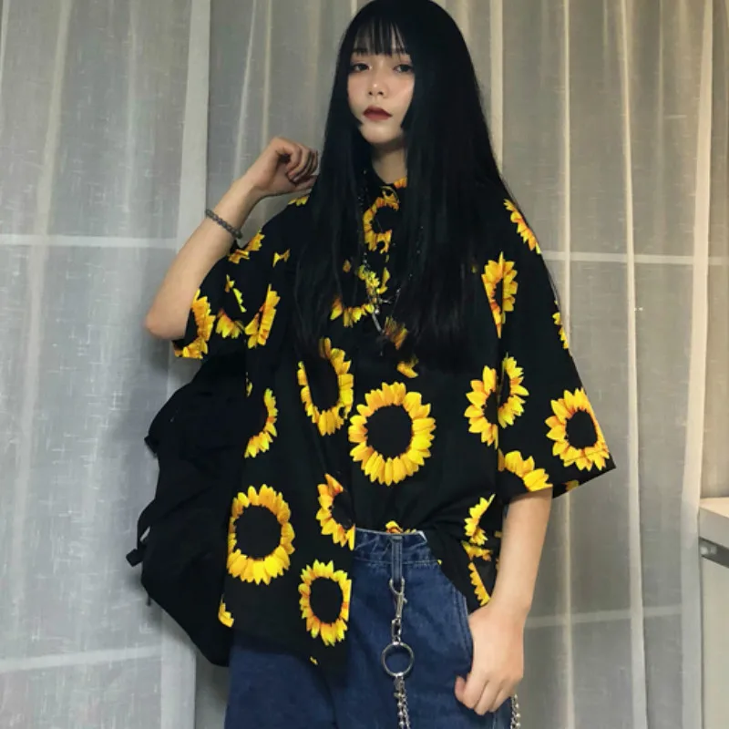 Винтажные рубашки с цветочным принтом, блузы, Harajuku, с принтом подсолнуха, с короткими рукавами, однобортный Кардиган, с отложным воротником, топы, блузы