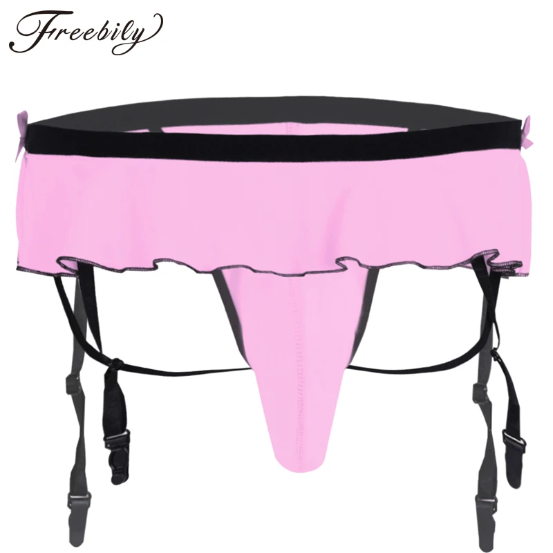 Men Sissy Lingerie Bikini Underwear Ruffle Gay Bulge Pouch Panties with Clips Garter Mens Open Butt Thong Jockstrap |