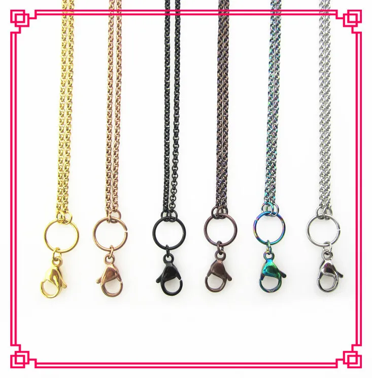 

Hot selling 6pcs/lot 80cm mix 6 color floating charm locket rolo chain stainless steel floating pendant locket chains