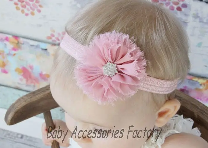 (2 шт./лот) Детские потертые шифоновые цветочные повязки на голову со стразами