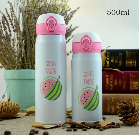 500ml 350 мл/500 мл чашка-термос с фруктовым узором из нержавеющей стали Вакуумная бутылка для детей для путешествий на открытом воздухе термальная бутылка для детей чашка с изоляцией - Цвет: 500ml