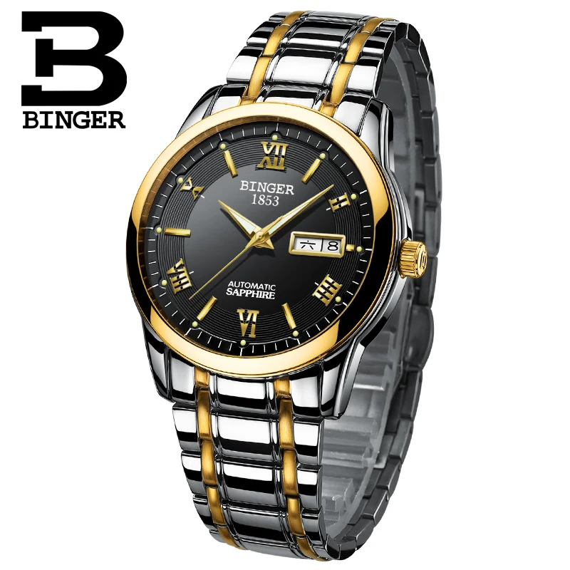 Mens Watches Top Brand Luxury Automatic Mechanical Watch Clock BINGER 2017 New Series Auto Date Golden case relogio masculino| |