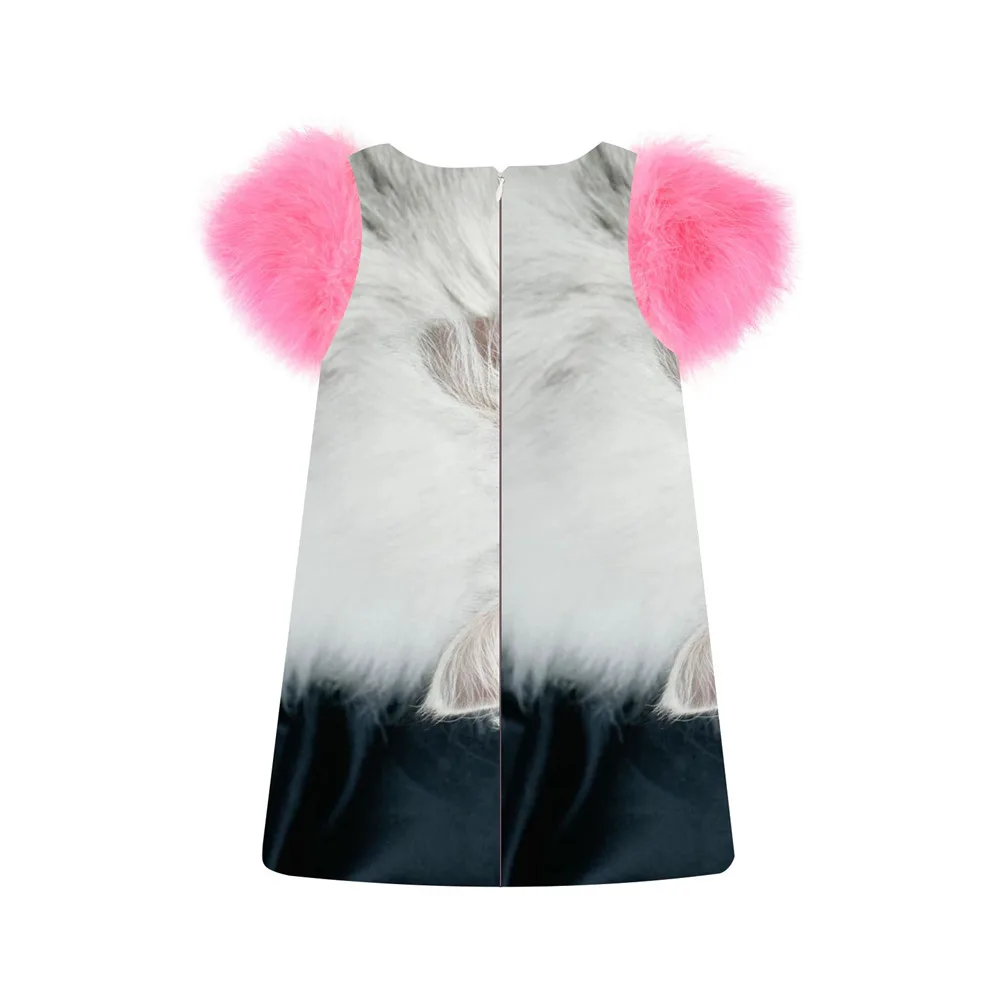 Children Girls Dress fashion Spring/Autumn faux fur sleeve girls printing White Cat Toddler Kids Dresses baby Clothing | Детская одежда
