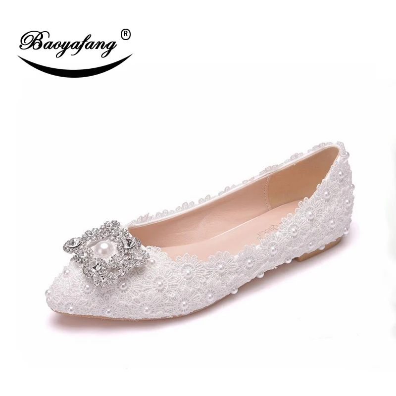 Lady's White Lace Bride's Wedding Shoes Large flat-soled Bridesmaid shoes Fashion Square Button Drill Single Shoes