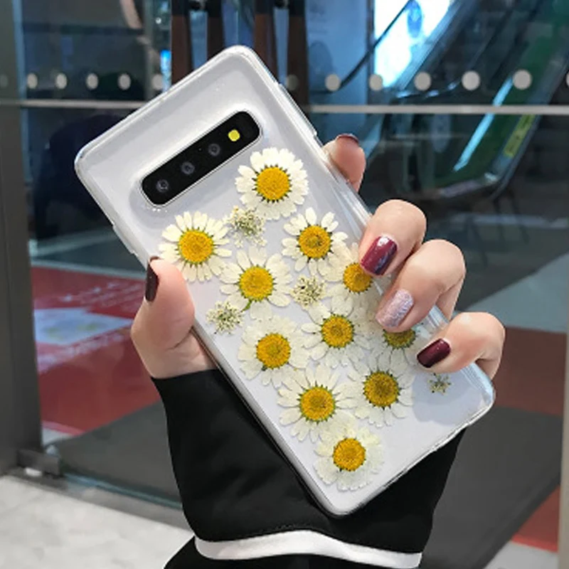 White Daisy Pressed Dried Flower Case For Samsung S7 Edge S8 S9 S10 Plus E Note 9 8 Handmade Transparent Silicon Fundas |