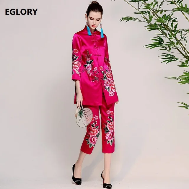 rose red НОВЫЕ комплекты штанов, женский костюм, весна-лето, Женские винтажные длинные пальто с цветочной вышивкой и пуговицами, куртка+ узкие брюки-Капри - Цвет: rose red