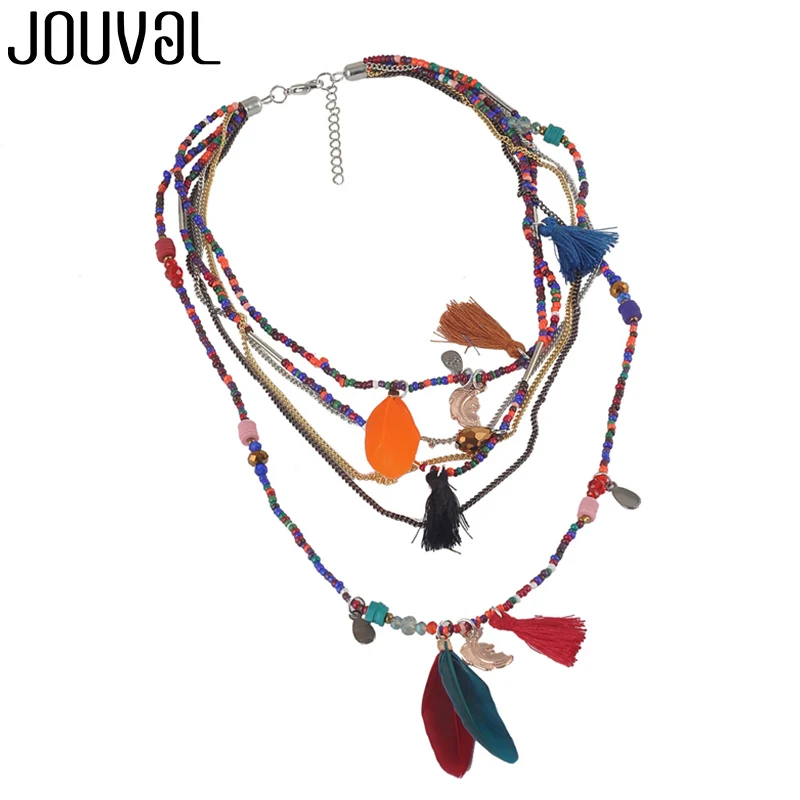 Этническое богемское Колье чокер для женщин 2019 многослойные бусы перо Подвески