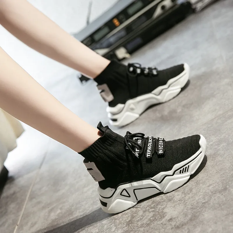 Женские носки ботинки на шнуровке модная обувь платформе ботинки-носки женские