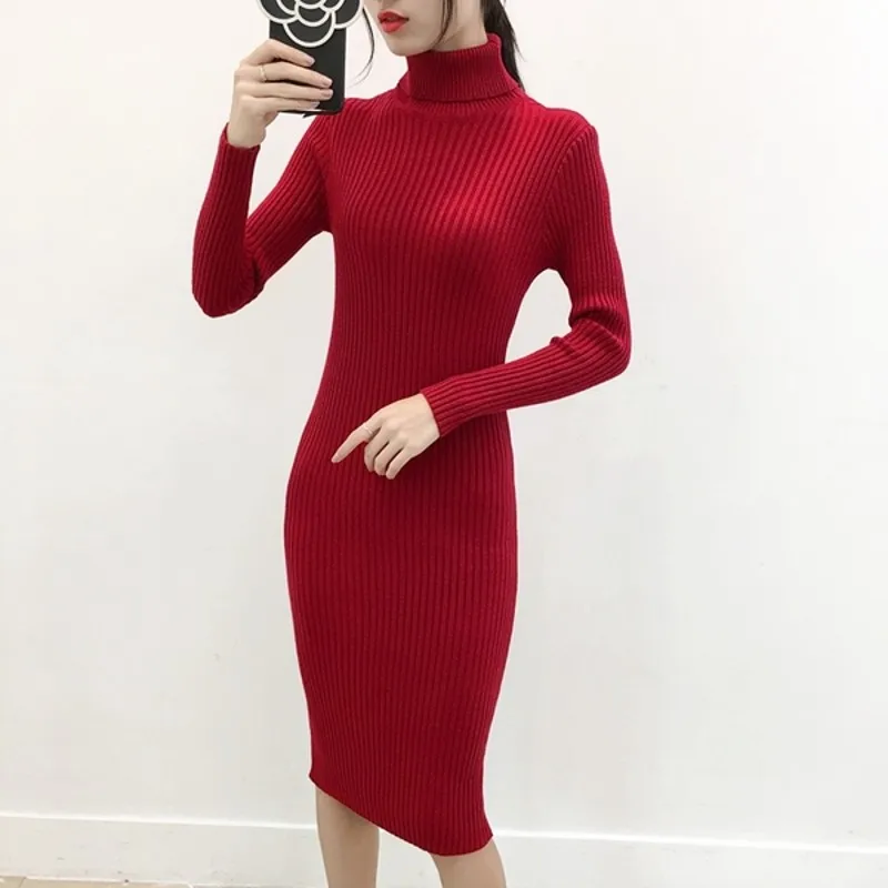 Платье свитер с длинным рукавом и высоким воротником женское облегающее платье