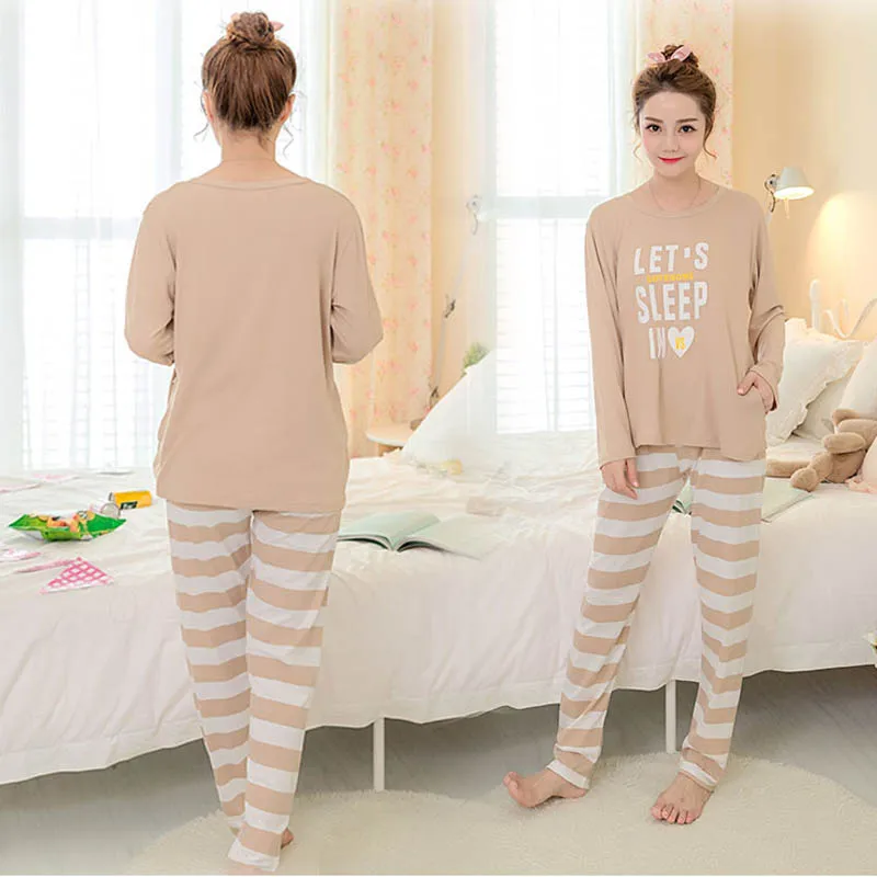 MJ028B Autumn Khaki Female Pajamas For Women Print Letter Cute Loose Sleepwear Girl Pyjamas Nightgown Night Suit | Женская одежда