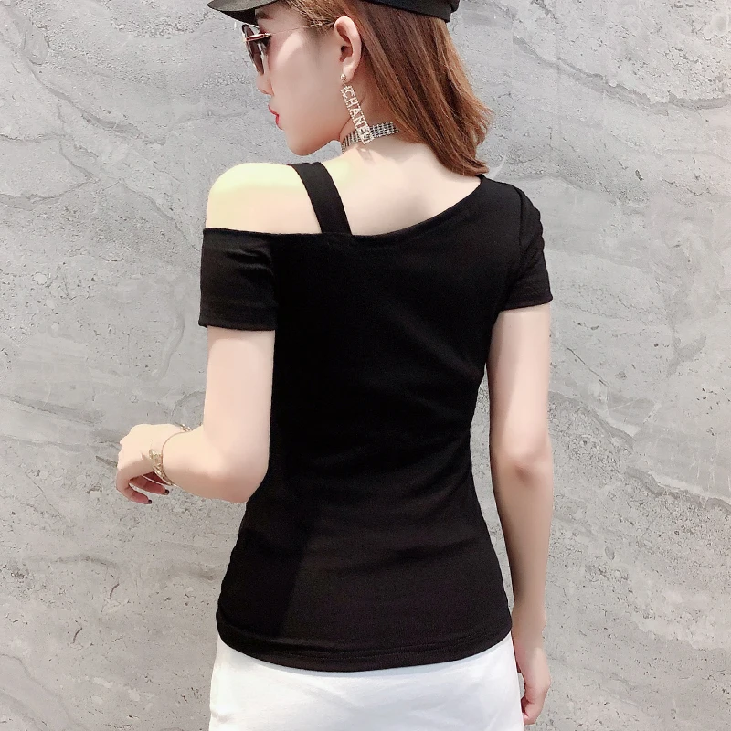 Женская футболка с открытыми плечами и бриллиантами 2019 женская стразы женские