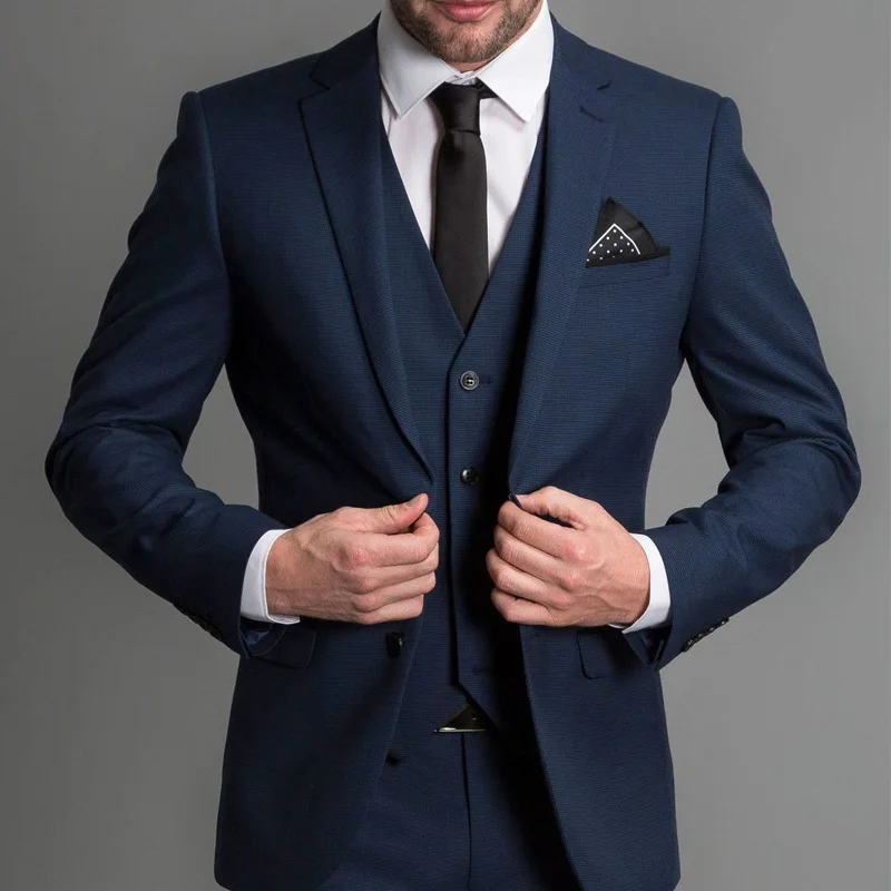 

Темно-Синий Формальные Свадебные Смокинги для Джентльмена Пром Slim Fit 3 Шт. С Отрезной Отворотом Пользовательские Мужские Костюмы Установить Куртка Брюки Жилет Новый