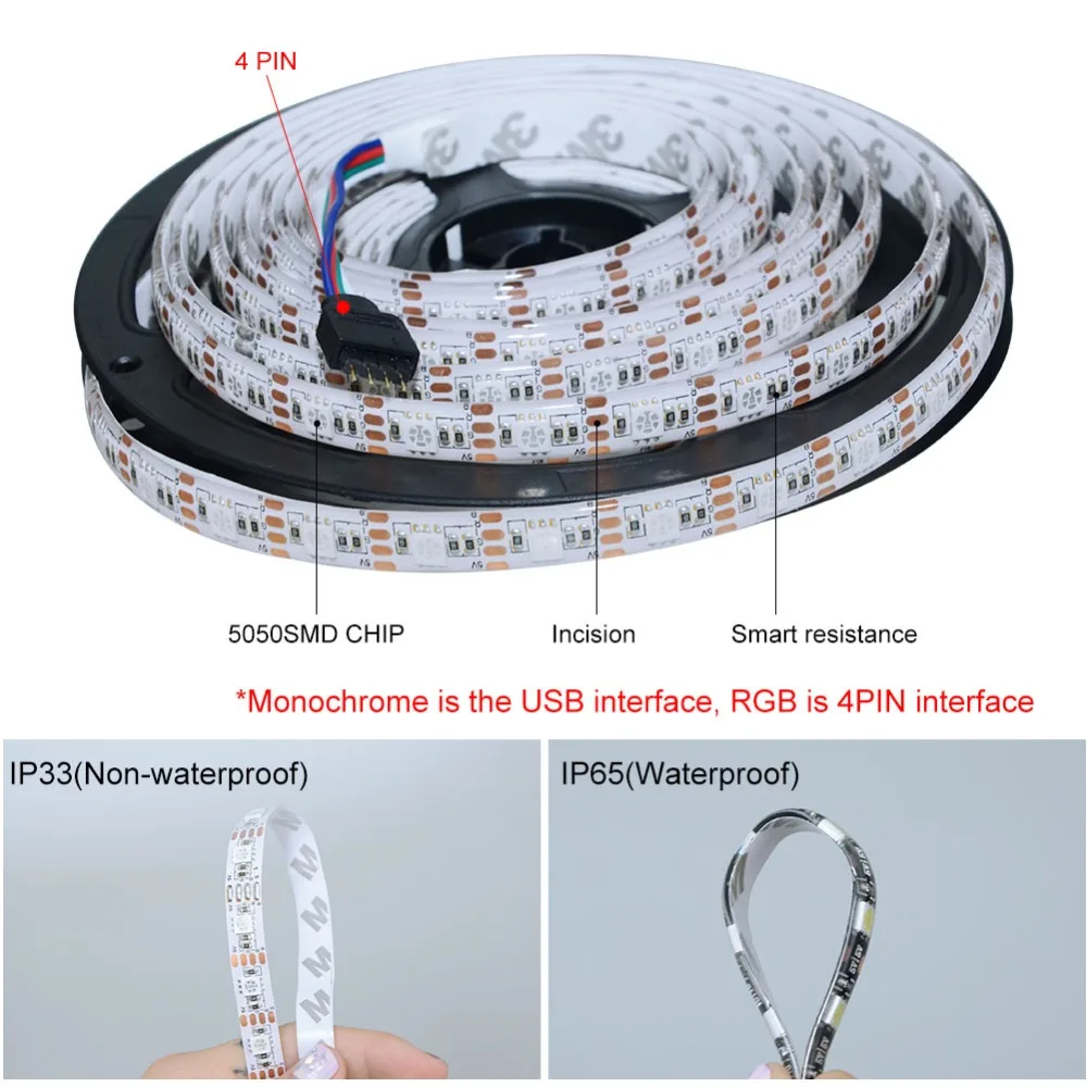 RGB Лента светодиодная водонепроницаемая 5 в пост. Тока 50 см 1 м 2 3 4 м|tape light|led light strip
