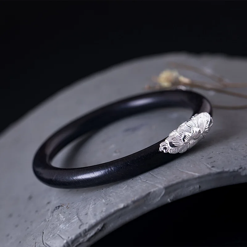 Amxiu Vintage 925 Sterling Silver Bangle Natural Black Ebony Bangles Handmade Bracelets For Women Men Gift Accessories | Украшения и