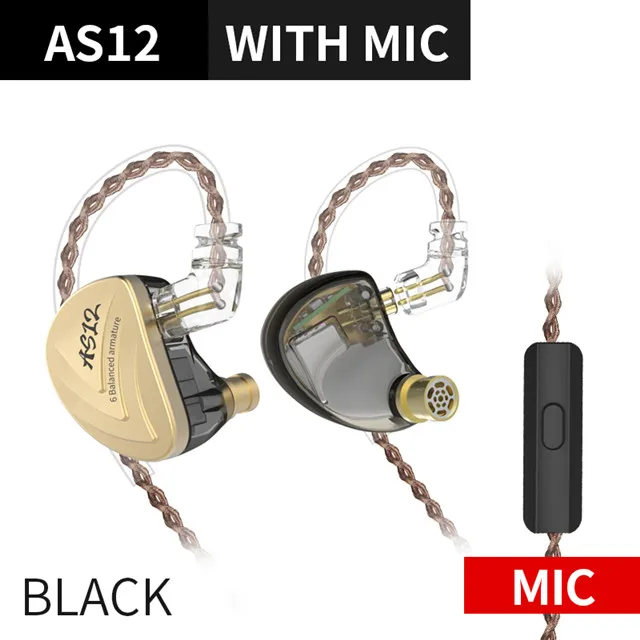 black mic Новинка KZ AS12 6BA наушники-вкладыши Hi-Fi спортивные мониторные наушники с шумоподавлением наушники-вкладыши AS16 AS10 AS06 ZS10 PRO ZSX C16 C12 - Цвет: black mic