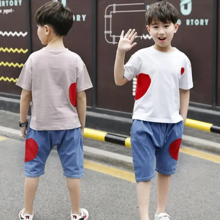 

2 Pcs Boys Girls Clothing set Summer Outfits Children's Cotton T-shirts Jeans Pants vetement garcon For 6 8 10 12 14 Years