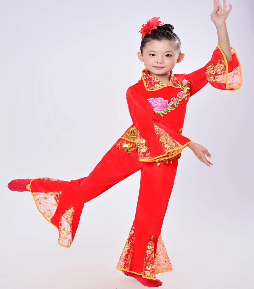 

Girl Red Costumes Chinese Folk Dance Costumes Children Yangko Fan Dance Clothes