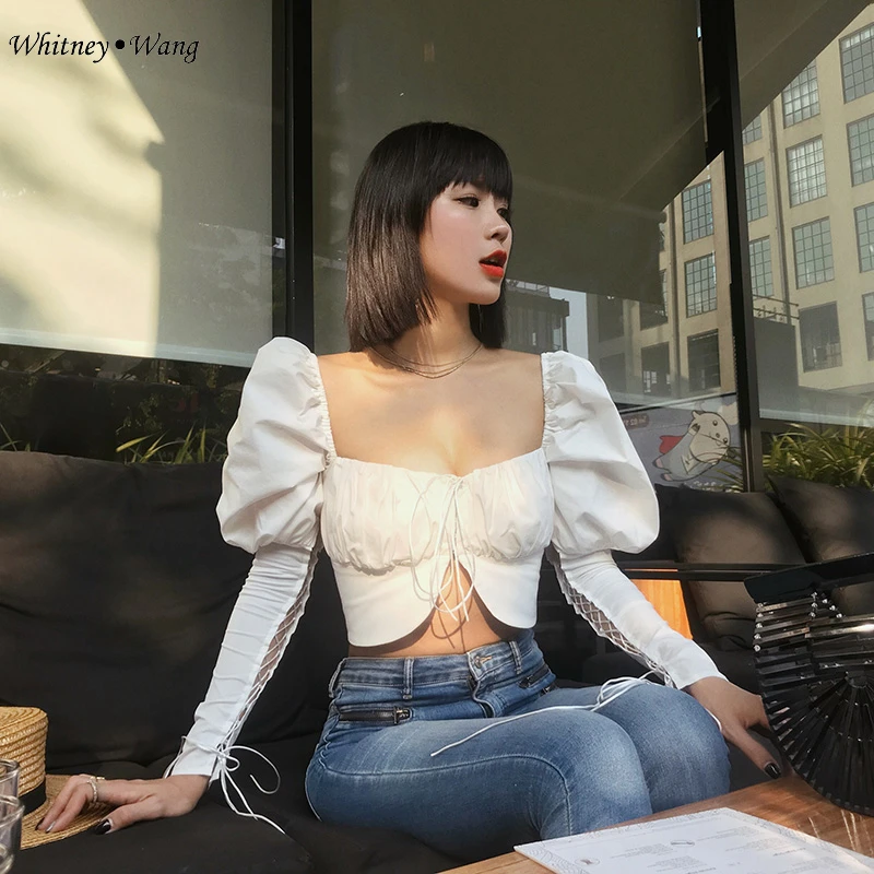 Женская винтажная блузка WHITNEY WANG укороченный топ на шнуровке с буффами рукавах