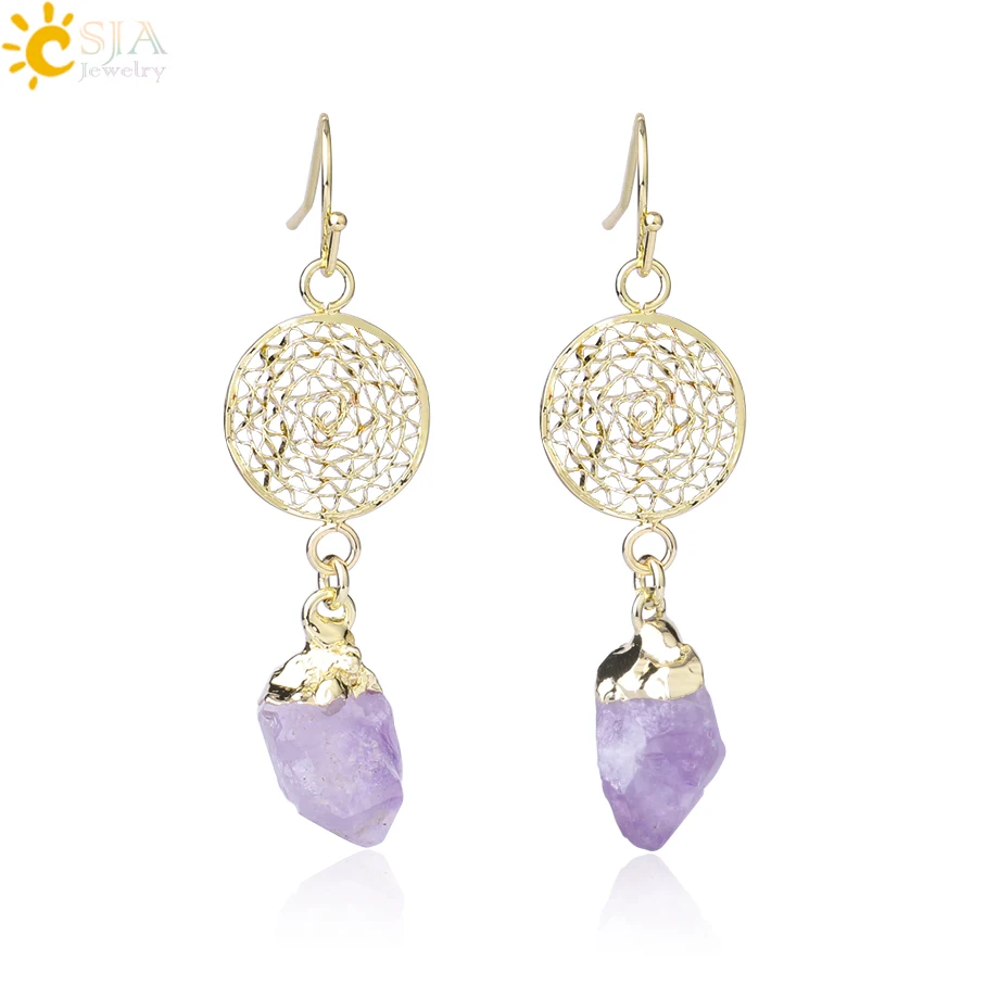Gold Amethyst CSJA, серьги из натурального камня для жены, уникальные цитрины, Фиолетовый Кристалл, кварц, серебро, золото, цвет, серьги, Подарок на годовщину, F897 - Окраска металла: Gold Amethyst