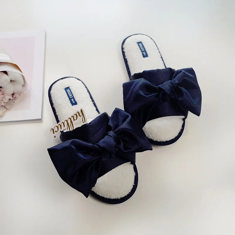 Шлепанцы женские из сатина милые шлепанцы с бантом Нескользящие шелковые