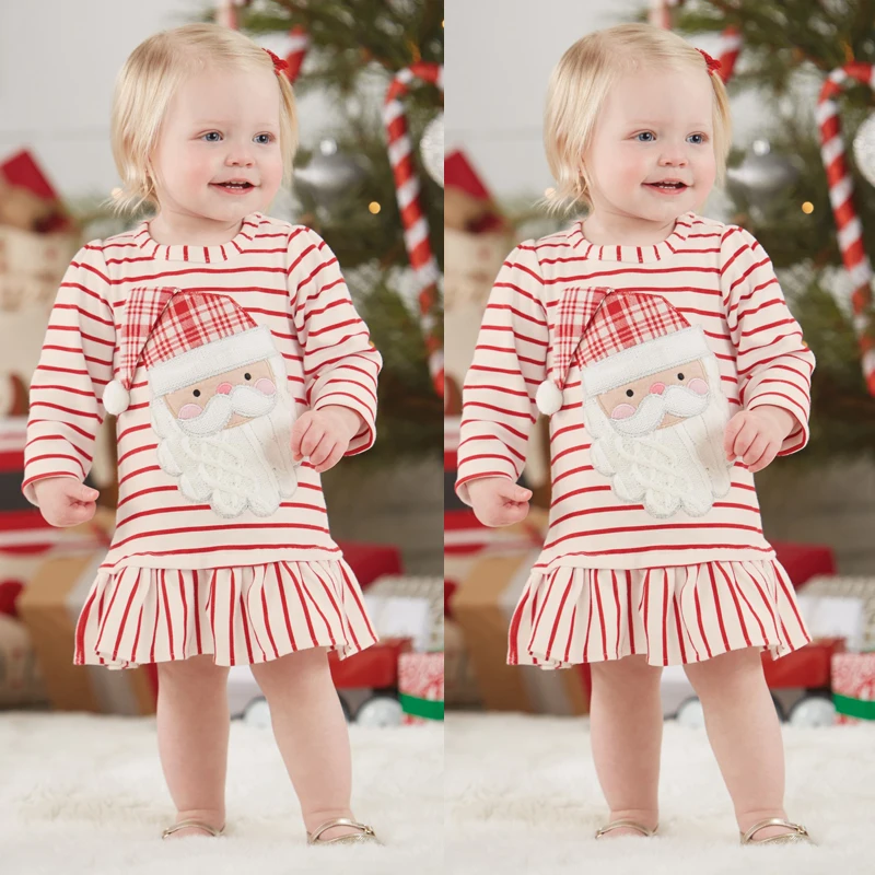 Baby Girl Long Sleeve Christmas Santa Claus Dress Striped 1-6Y | Детская одежда и обувь
