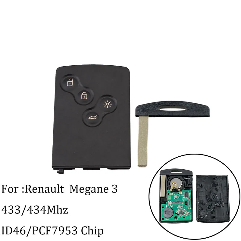 4 Button Smart Card Car Key Card Fob For Renault Megane III Fluence Laguna III Scenic 2009- 433Mhz PCF7952 Chip FSK System - Количество кнопок: For Megane III