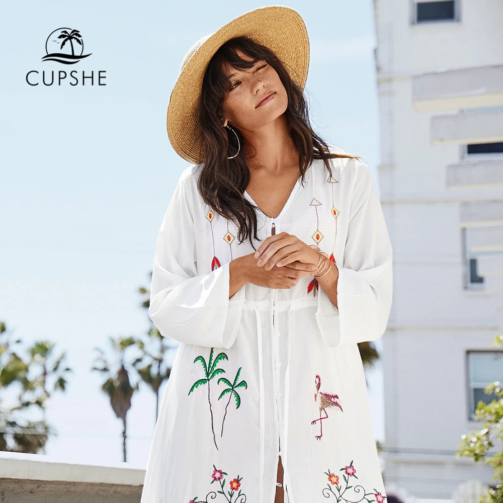 CUPSHE Boho Белый Фламинго чехол с вышивкой вверх 2019 женский пояс галстук Свободное