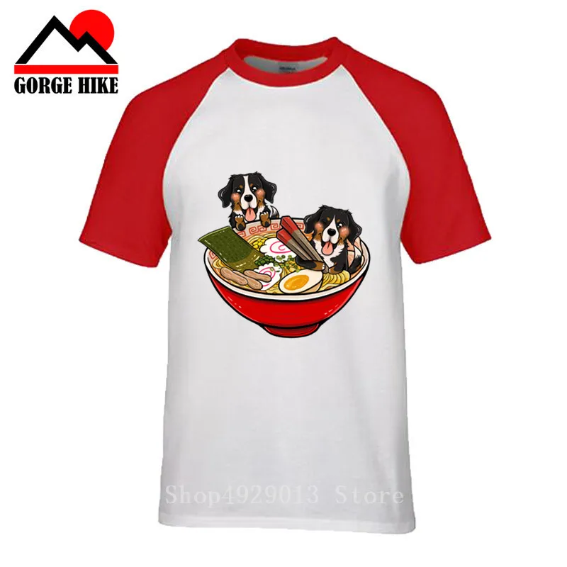 Funny Cute Men T-shirts Bernese Mountain Dog Japanese Ramen Tops Print Tees Summer Holiday Clothes Cotton Tropical Style TShirt | Мужская
