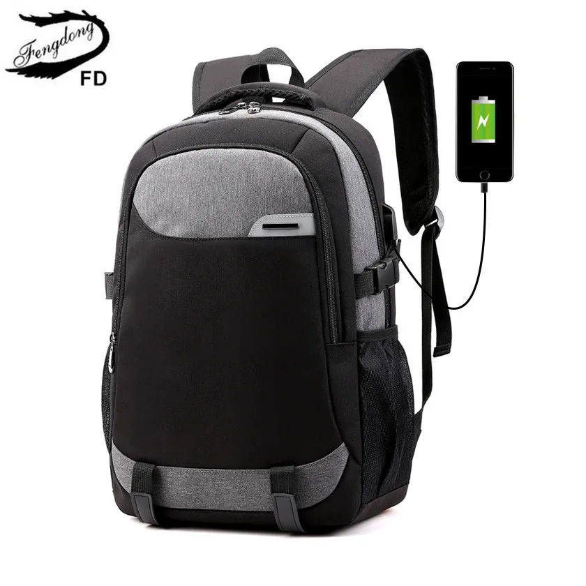 black Fengdong, школьный рюкзак для мальчика, usb сумка для мальчика-подростка, водонепроницаемый большой дорожный рюкзак с багажным ремнем, Мужская школьная сумка - Цвет: black