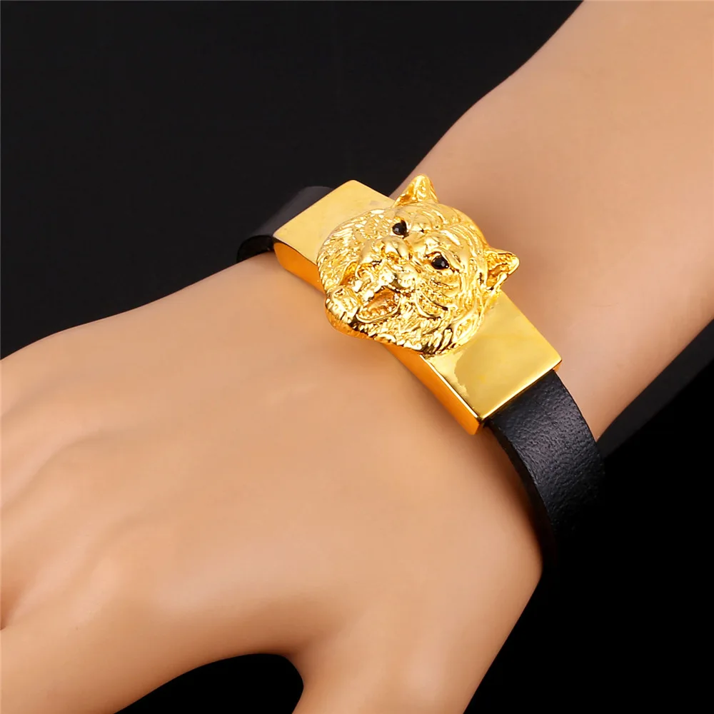 Мужской браслет из натуральной кожи с подвесками тигра нержавеющей стали