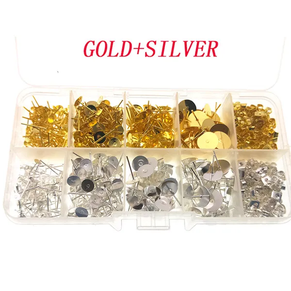 gold Silver 1 Box/Set сережки-гвоздики с фиксаторы уход за кожей лица маска Кабошон-Камея сообщения шпильки база настройки ухо плоская чашка передние тормозные колодки fit DIY уха изготовление, поиск ювелирных изделий - Цвет: gold Silver
