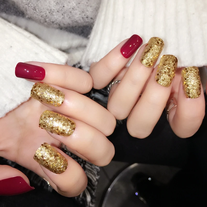 Блестящие красные накладные ногти 24 шт. золотые блестки квадратные полный дизайн