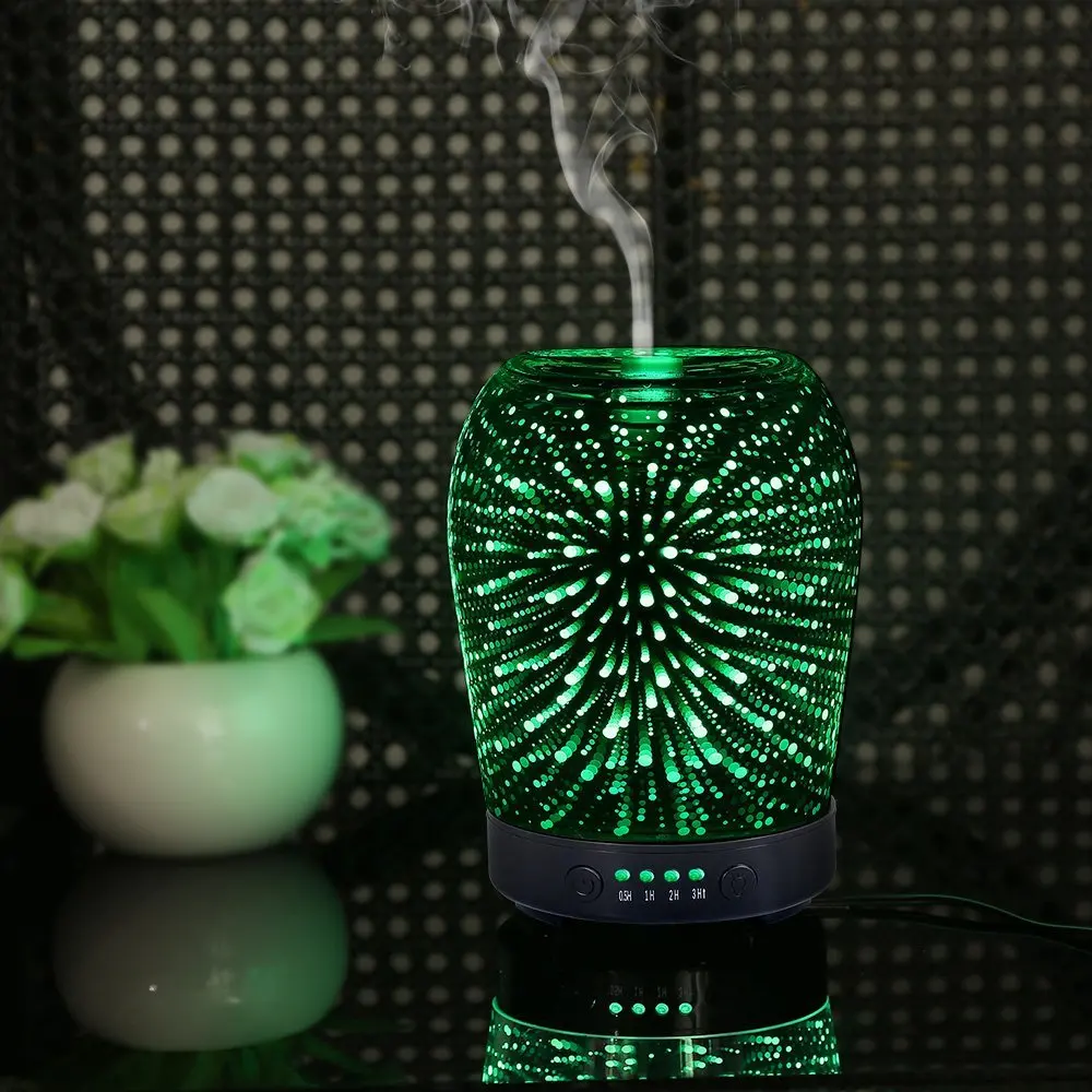 Essential Oil Ultrasonic Cool Mist Humidifier 3D Glass Fireworks 7 Color Change Night Light Aromatherapy Quiet For Home Office | Бытовая