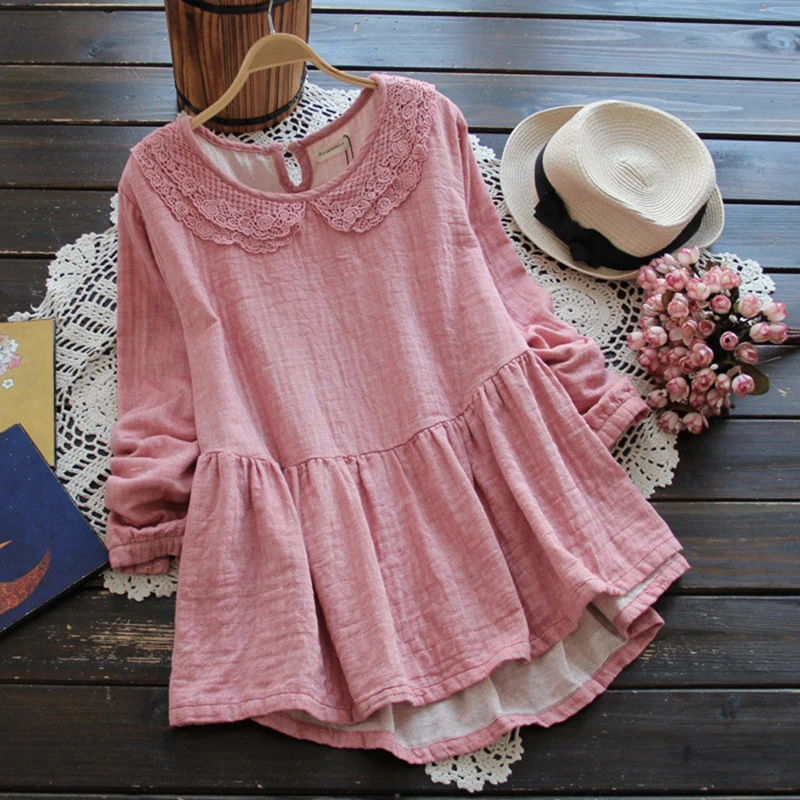 Японская лесная девушка Мори 2017 Весна Женская кружевная Однотонная рубашка с