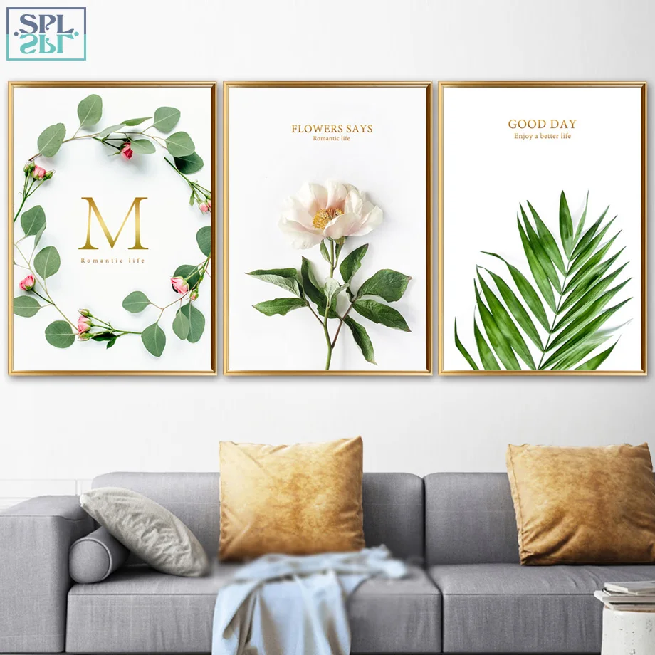

SPLSPL Unframed Green Plant Canvas Print Poster Painting Leaf Pink Round Flower Rose Wall Picture for Living Room Decoration